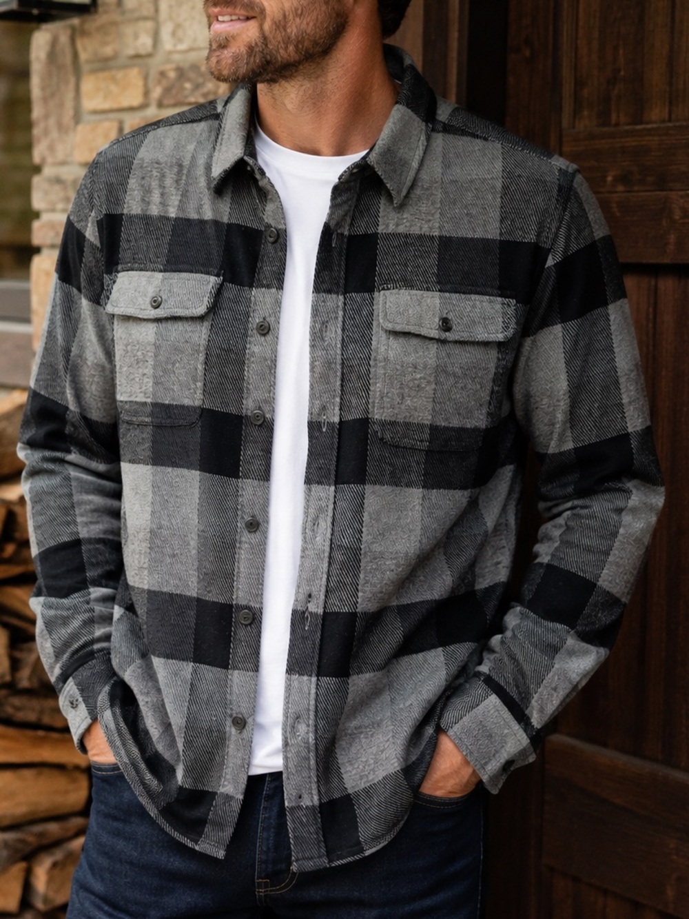 7Diamonds Generation Soft Flannel Shirt XL Black Gray Plaid Stretch